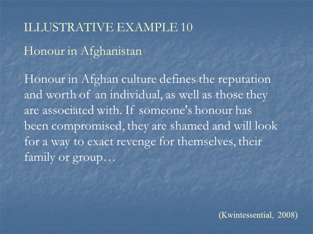 ILLUSTRATIVE EXAMPLE 10 Honour in Afghanistan (Kwintessential, 2008) Honour in Afghan culture defines the